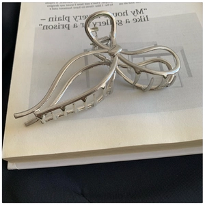 Detail of silver metallic hair claw clip with glossy finish resting on an open book