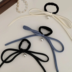 Elegant ribbon bow hair ties with pearl charms in cream white, dusty blue, and black colors