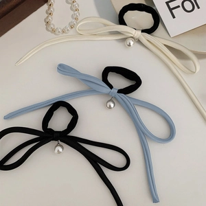 French Elegant Satin Ribbon Bow Hair Tie With Artificial Pearl Pendant High Elastic Scrunchies For Women Daily Hair Accessories