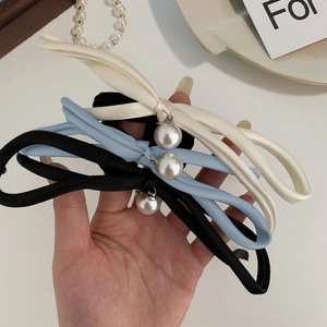 Three-piece satin bow hair ties set with large pearl pendants in white, blue and black colors