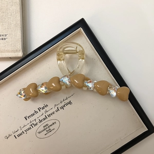 Französische Vintage Haarklammer groß mit braunen Herzen und Kristallen für Damen