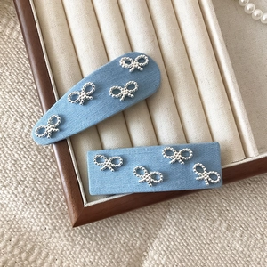 Women Denim Fabric Bowknot Hair Clips Sweet Light Blue Alloy BB Side Clips Korean Style Hair Accessories