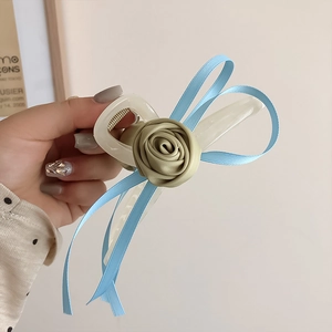 Pince à cheveux élégante avec ruban bleu et rose verte tenue par une main de femme