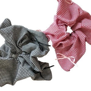 Plaid checkered scrunchies set with ribbon bows in black and red patterns