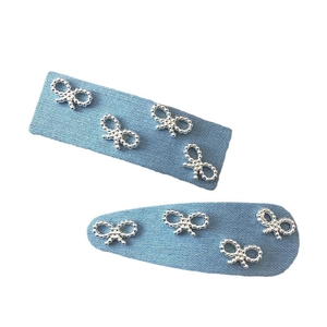 Blue denim fabric hair clips set with silver pearl bow decorations for women accessories