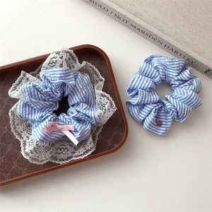 Chouchous en Tissu à Rayures Bleues et Blanches Nœud en Dentelle Élastiques à Cheveux Accessoires de Coiffure pour Femmes Filles