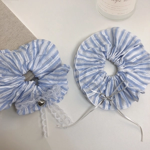Blue White Striped Fabric Scrunchies With Lace Edge Bowknot Metal Heart Charm Ribbon Elegant Hair Ties For Women Hair Accessories