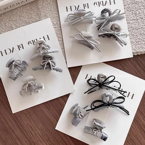 Silver Bow Small Hair Claw Clip For Women Marble Texture Elegant Alloy Shark Hair Clip Fashion Hair Accessories
