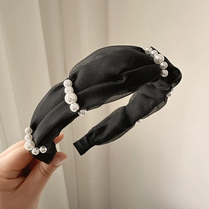 Elegant black tulle headband with pearl embellishments in a vintage pleated design