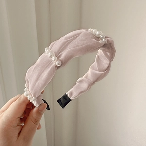 Pink silk pleated headband with white pearls for women stylish hair accessory