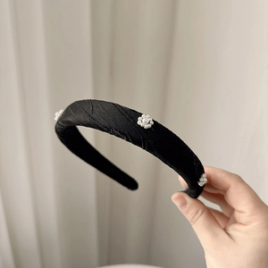 Thick black padded headband with white pearl flower embroidery for women hair accessory