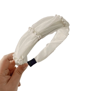 Elegant white pleated chiffon headband with pearl accents for vintage aesthetic style