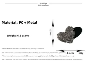 Detailed specifications for sparkling heart rhinestone hair clip with dimensions and weight