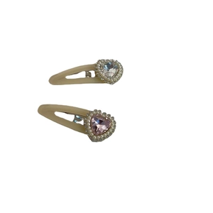 Pink and white heart rhinestone BB hair clips with faux pearl trim and cream finish