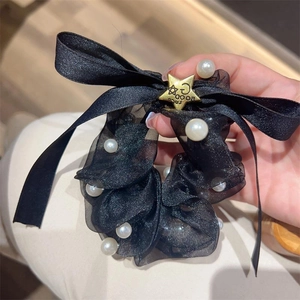 Eleganter Schwarzer Organza Schleife Haargummi Mit Kunstperlen Goldener Sternanhänger Süßer Französischer Stil Damen Haarschmuck