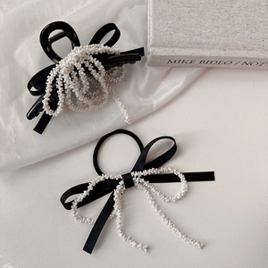 Set Molletta Per Capelli E Elastico In Raso Nero Stile Francese Con Künstliche Perle Sintetiche Elegante Fermaglio A Fiocco Per Donna