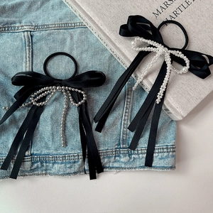 Elegant Black Satin Bowknot Hair Tie With Faux Artificial Pearl Silver Beads Long Tassel Scrunchie For Women French Style Hair Accessories