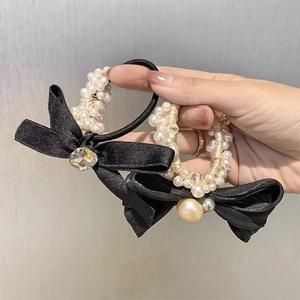 Elegantes Satin Schleife Künstliche Perle Haargummi Für Damen Strass Elastisches Haarseil Koreanischen Stil Haarschmuck