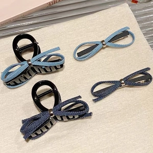 Denim Fabric Bowknot Hair Claw Clip For Women Vintage Dark Blue Light Blue Shark Clip Duckbill Hairpin Styling Accessories