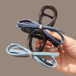 Denim bow shark hair clips in light and dark blue for women, set of two hair accessories