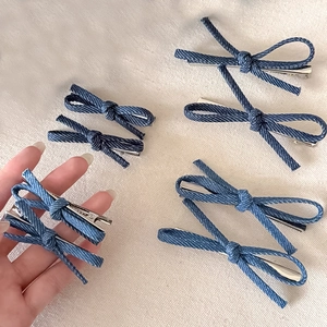 Blue denim bow hair clip set with metallic duckbill clip for women daily hair styling