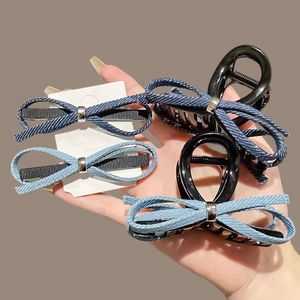 Denim bow hair clip set with blue fabric claw clips and barrettes for women