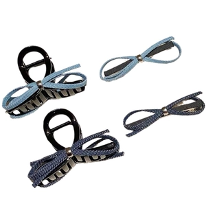 Denim bow hair clip set featuring light and dark blue claw and duckbill clips