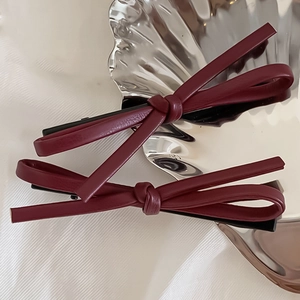 Elegant Wine Red PU Leather Bow Hair Clips For Women Handmade Crocodile Duckbill Clip Sweet Cool Side Bangs Clip Hair Jewelry