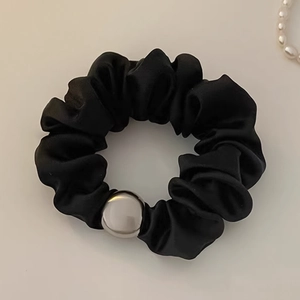 Satin Scrunchie With Silver Metal Ball Elastic Hair Band For Women Black Hair Accessories Simple Fashion Commute Headwear