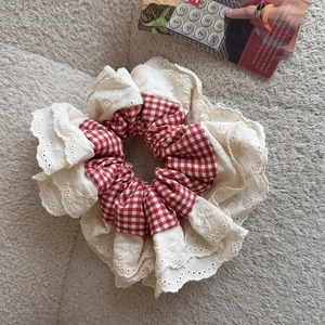 French vintage red gingham scrunchie with layered lace embroidery trim and bow design