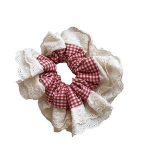 French red plaid scrunchie with double-layered lace trim and delicate bow embroidery