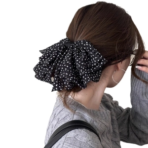 Elegant black and white polka dot organza bow hair claw clip for women back view