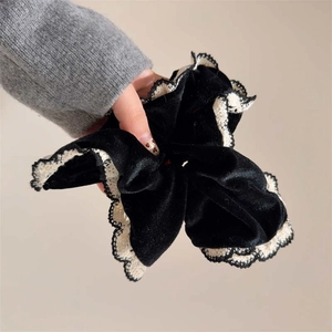 Vintage French Style Black Velvet Scrunchie With Off-white Lace Trim Large Elastic Hair Tie For Women Hair Accessories
