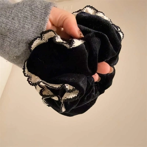 French style black velvet scrunchie with white lace trim for elegant updos