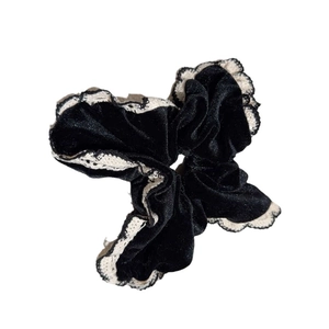 French retro black velvet scrunchie with cream lace trim for elegant hairstyles