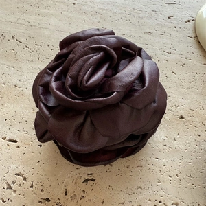 Stereoscopic dried rose hair claw in wine red leather material for elegant vacation styling