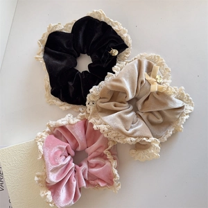 Vintage Velvet Lace Scrunchie For Women French Style Elegant Hair Tie With Metal Pendant Elastic Hair Band Accessory