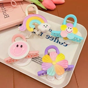 Pince à Cheveux en Acrylique de Dessin Animé Doux pour Filles Arc-en-ciel Fleur Visage Souriant Pince à Requin Accessoires de Cheveux