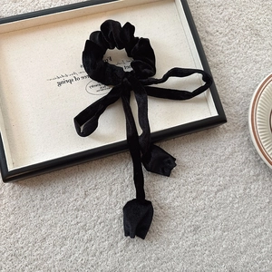 French Retro Velvet Ribbon Scrunchie With Tulip Pendant Bow Knot Elastic Hair Tie Elegant Ponytail Holder For Women Jewelry