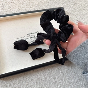 French retro black velvet hair scrunchie with elegant tulip pendants and bowknot design