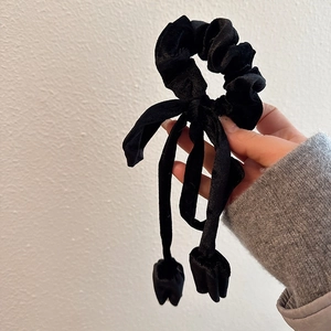 Elegant French vintage black velvet scrunchie with long ribbons and decorative balls