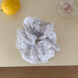 Korean style floral mesh scrunchie with purple letter print and soft fabric texture