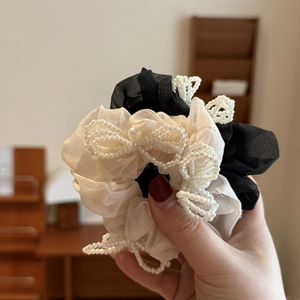 French Style Elegant Organza Scrunchie Faux Artificial Pearl Bow Hair Ties Sweet Niche Design Hair Accessories For Women Party