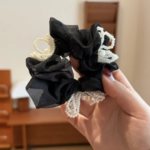 French style black organza scrunchie with white pearls and elegant mesh ruffles