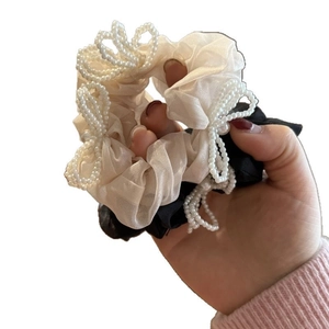 French style tulle and satin scrunchies with white pearl bowknot decorations