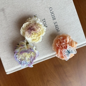 Vintage Sweet Peony Flower Hair Clip With Butterfly Embroidery Pastoral Fairy Elegant Women Floral Headwear Spring