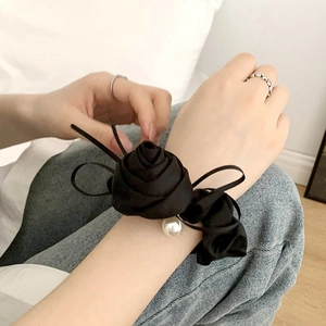 Black Rose Satin Scrunchie Elegant 3D Flower Hair Tie With Faux Artificial Pearl Pendant High Elasticity Ponytail Holder For Women Accessories