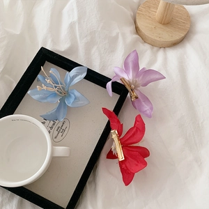 Détail de pinces à cheveux magnolia en soie bleue, rouge et violette avec clips dorés