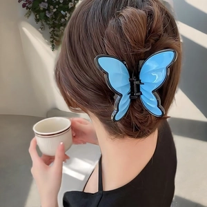 Elegant bright blue acrylic butterfly hair claw clip for women's long hair styling