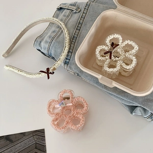 Korean Retro Artificial Pearl Flower Hair Claw Headband Set Sweet Floral Transparent Hair Clip With Bow Heart Pendant Accessories